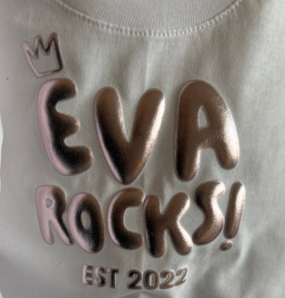 'KIDS ROCK' Organic Cotton Custom Puff Print (age 7-8 In Stock)